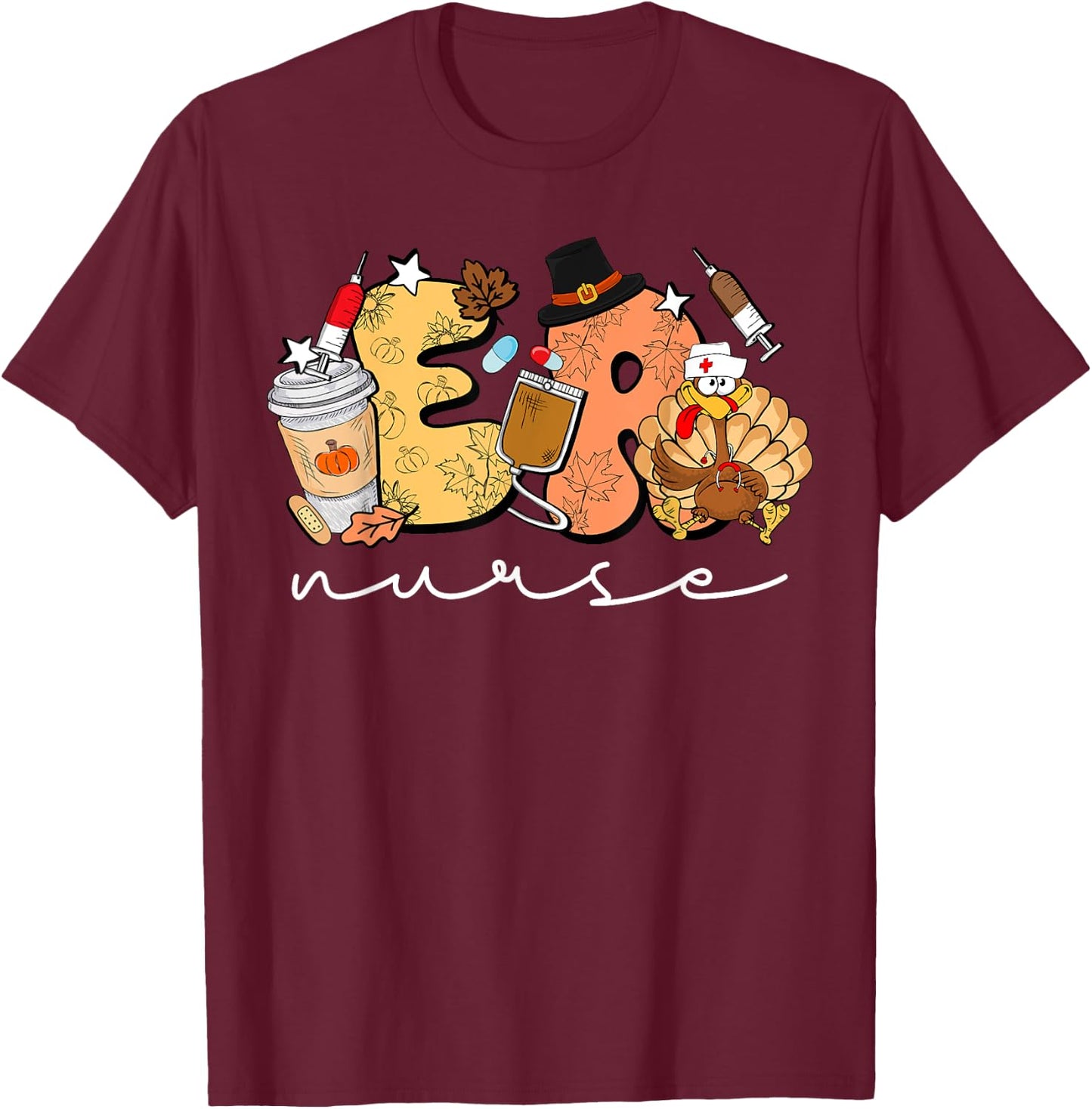 Retro Thanksgiving ER Nurse Turkey Emergency Room Nurse T-Shirt - T-Shirt | Maroon