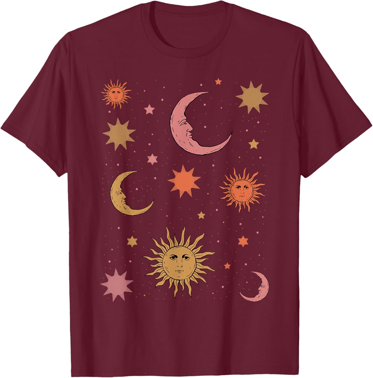 Whimsigoth Aesthetic Hippie Celestial Vintage Half Moon Sun T-Shirt - T-Shirt | Maroon
