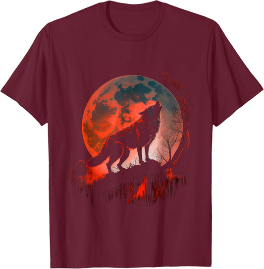 Wolf Howling At Blood Moon Silhouette Wildlife Howl Night T-Shirt - T-Shirt | Maroon