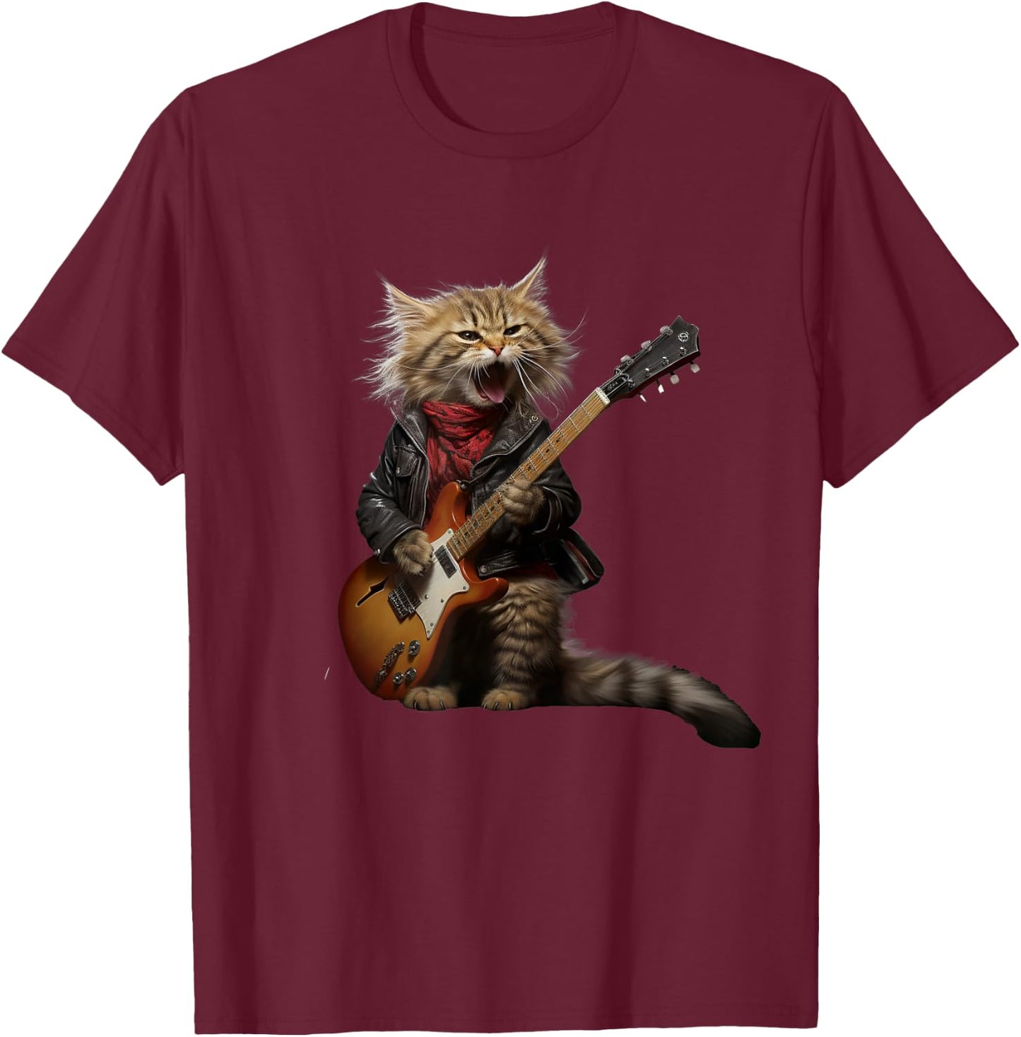 Rock Cat Playing Guitar - Funny Guitar Cat T-Shirt - T-Shirt | Maroon
