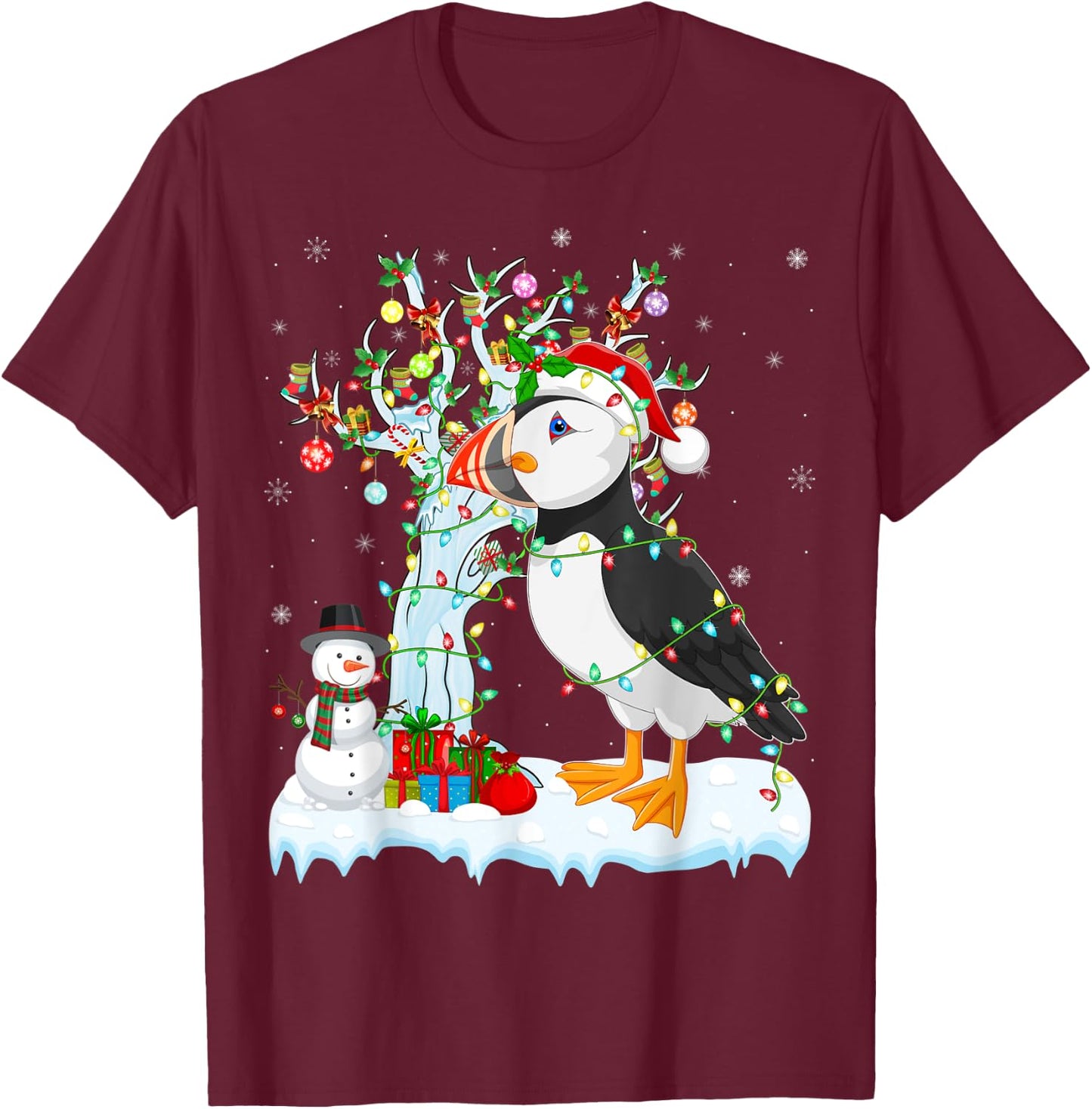 Puffin Bird Xmas Element Tree Lighting Puffin Christmas T-Shirt - T-Shirt | Maroon