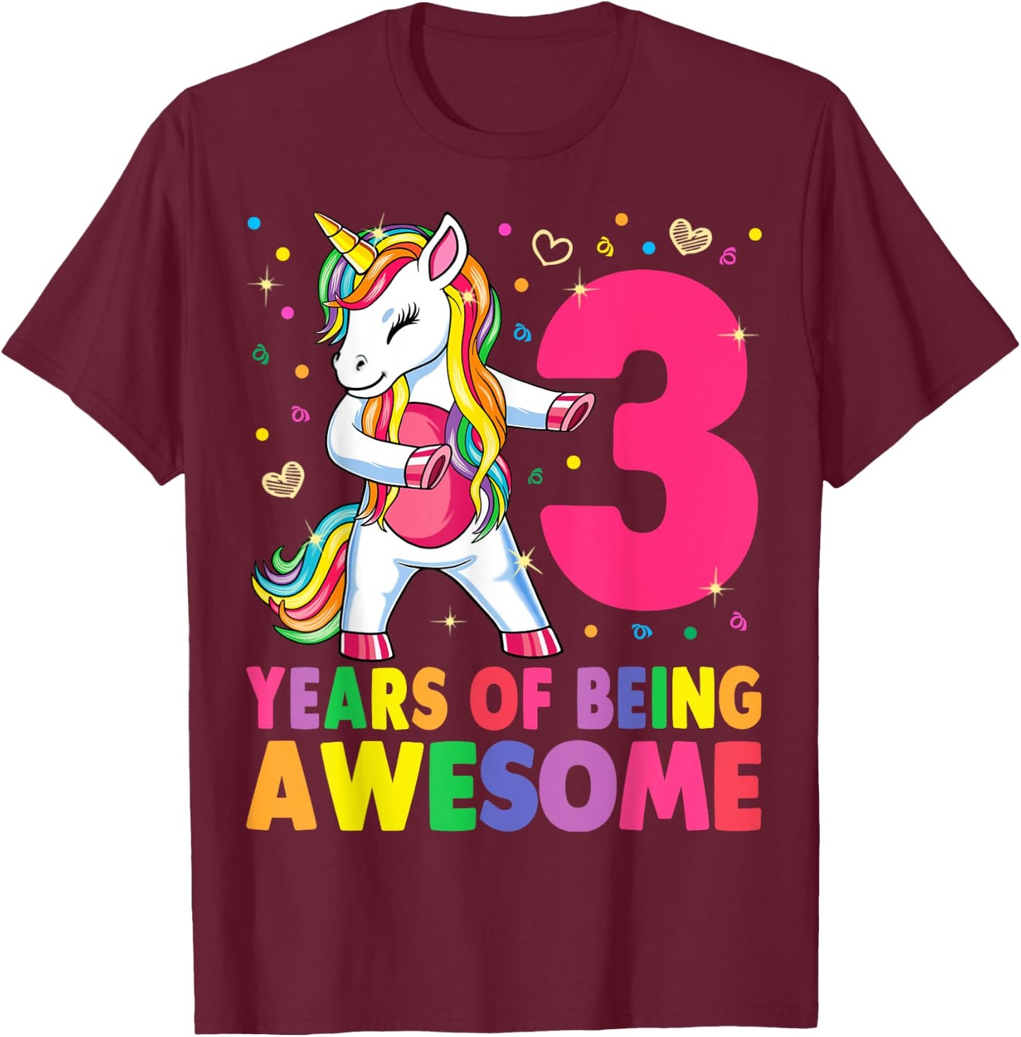 3 Years Old Unicorn Flossing 3rd Birthday Girl Unicorn Party T-Shirt - T-Shirt | Maroon