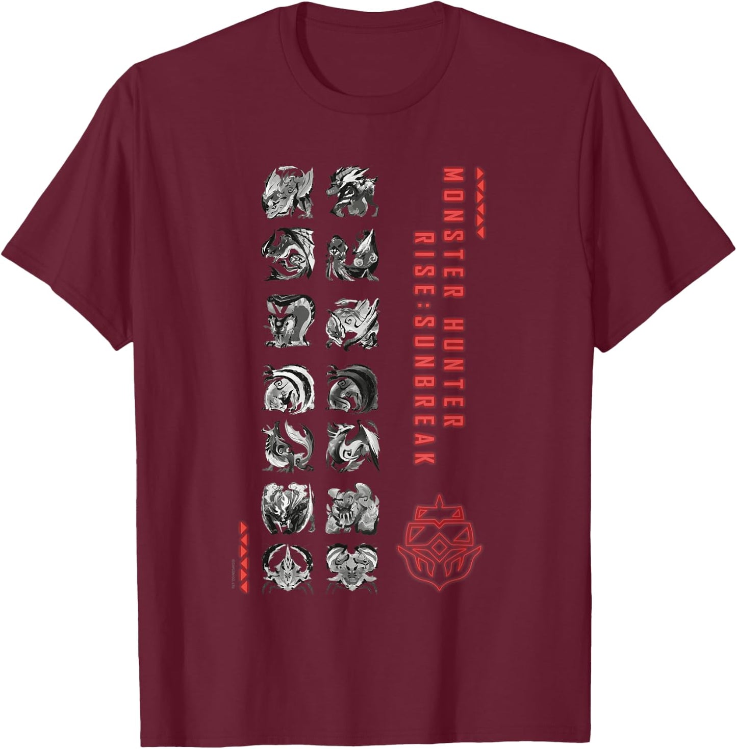 Monster Hunter Rise：SUNBREAK Gaming Design Small T-Shirt - T-Shirt | Maroon
