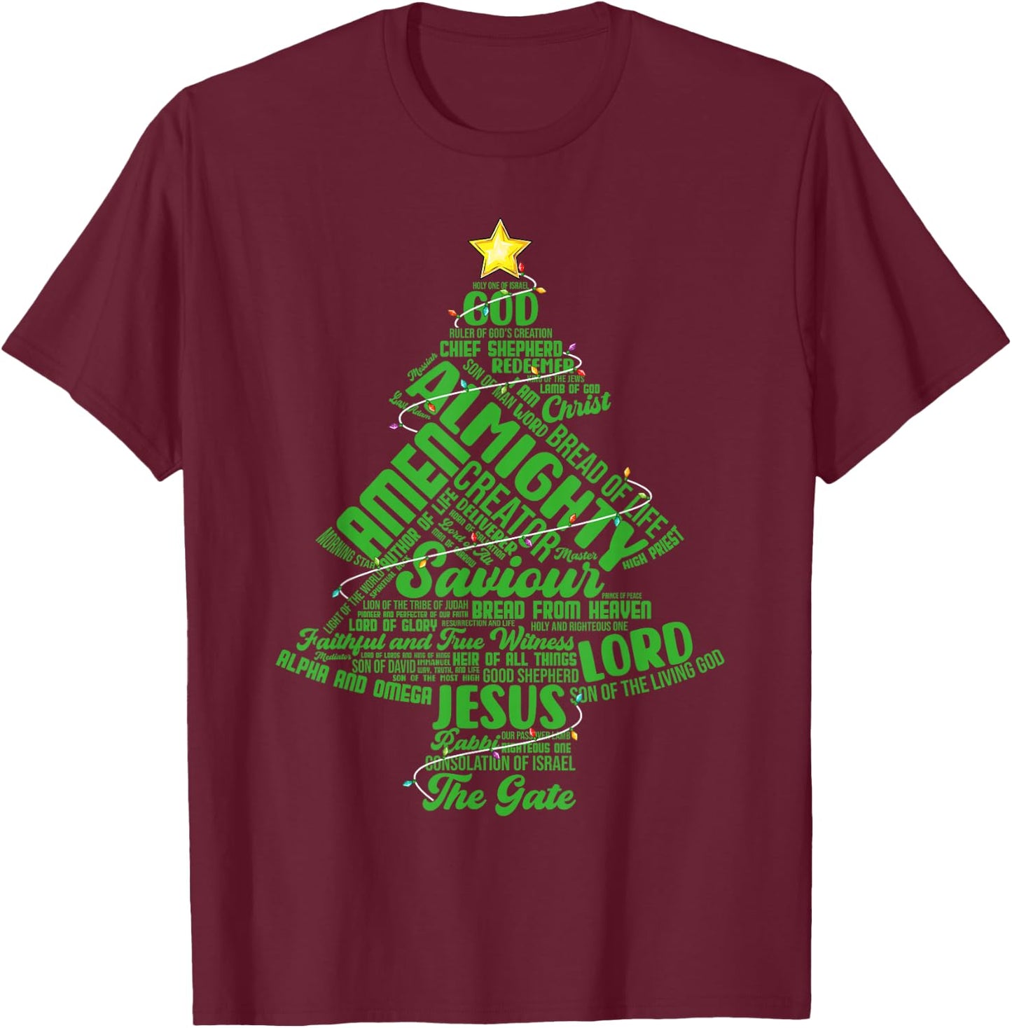Names Of Jesus Christmas Tree Lights Christian Xmas Pajama T-Shirt - T-Shirt | Maroon