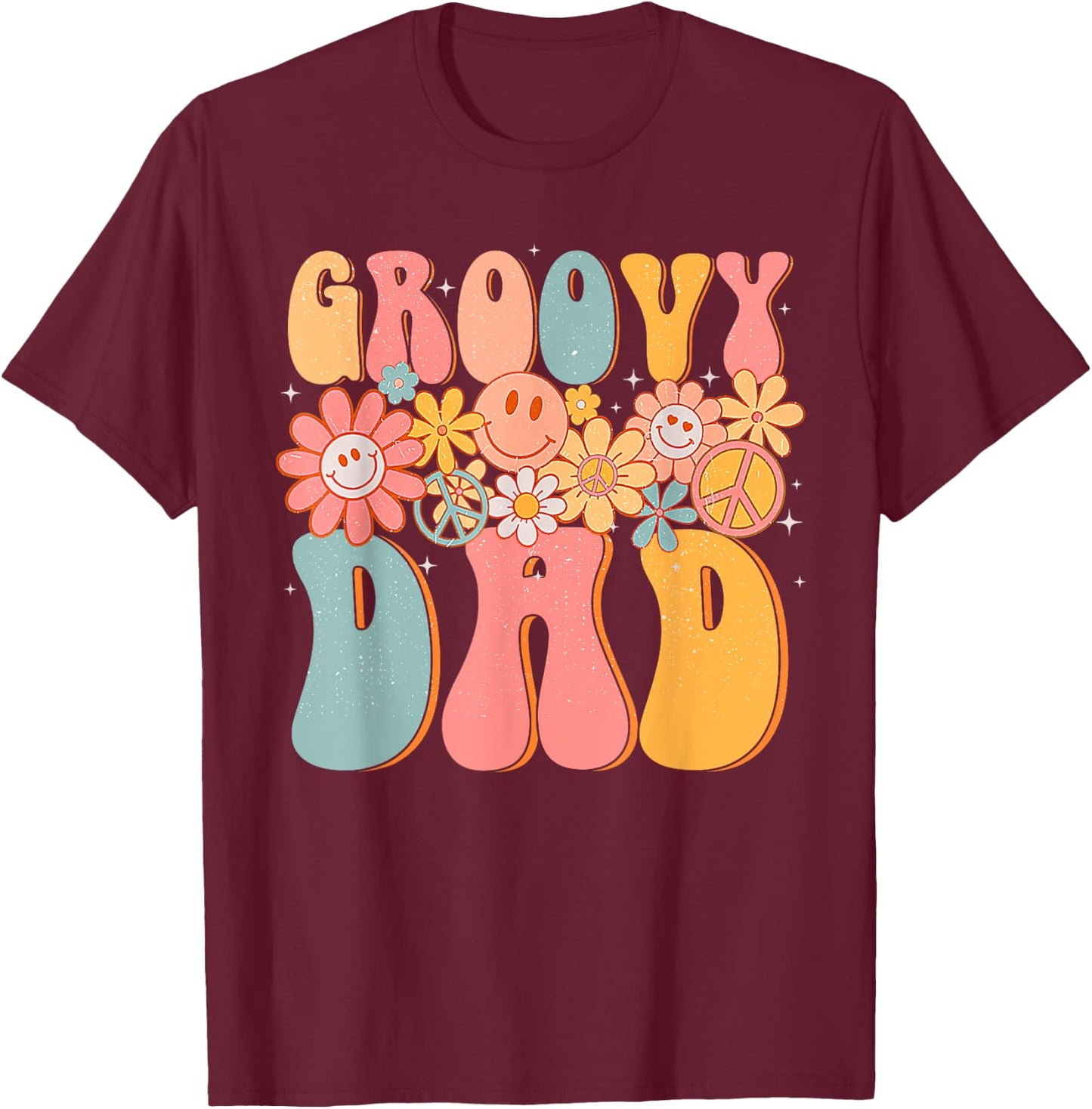 Groovy Dad Retro Fathers Day Colorful Peace Sign Smile Face T-Shirt - T-Shirt | Maroon