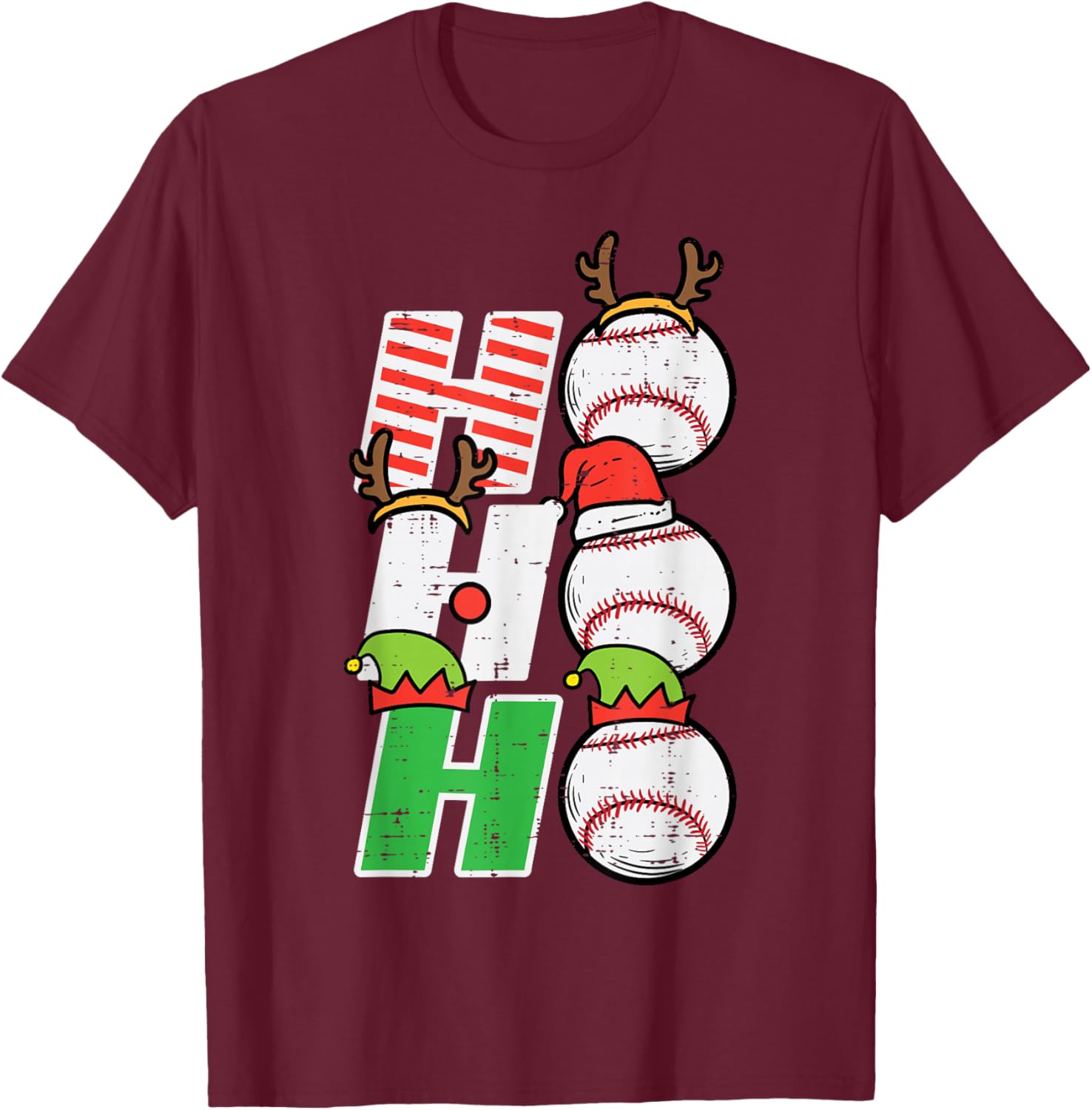 Christmas Baseball Ho Ho Ho Funny Xmas Sports Men Boys Kids T-Shirt - T-Shirt | Maroon