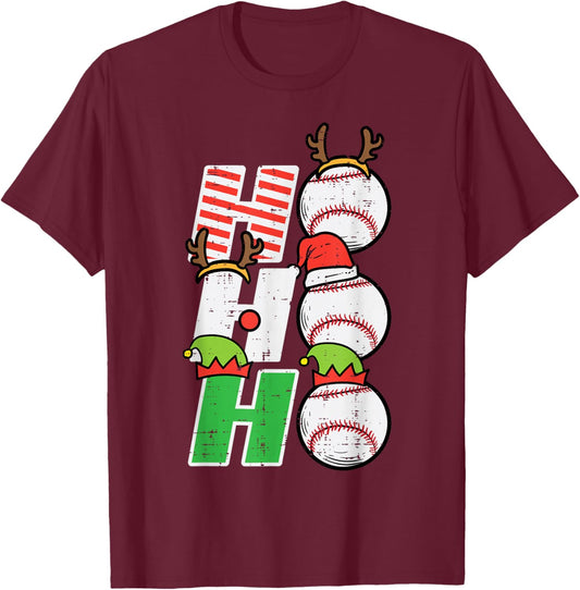 Christmas Baseball Ho Ho Ho Funny Xmas Sports Men Boys Kids T-Shirt - T-Shirt | Maroon