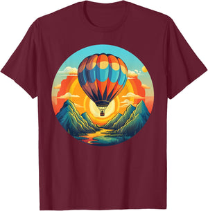 Mountains Sunset Adventures with hot Air Balloon T-Shirt - T-Shirt | Maroon