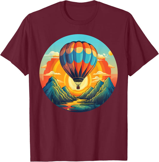 Mountains Sunset Adventures with hot Air Balloon T-Shirt - T-Shirt | Maroon