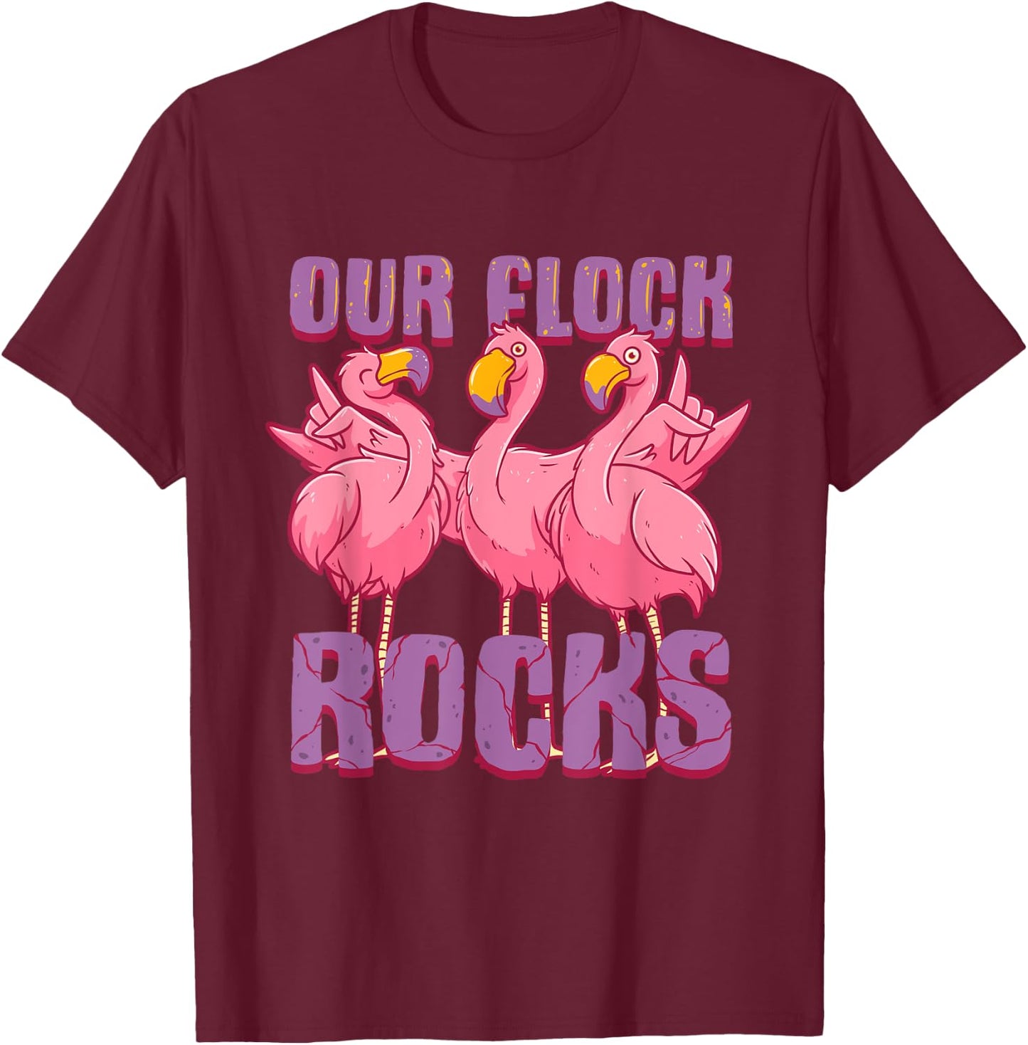 Our Flock Rocks Funny Flamingo Family Vacation Matching T-Shirt - T-Shirt | Maroon