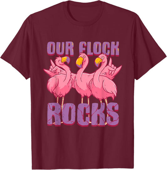 Our Flock Rocks Funny Flamingo Family Vacation Matching T-Shirt - T-Shirt | Maroon