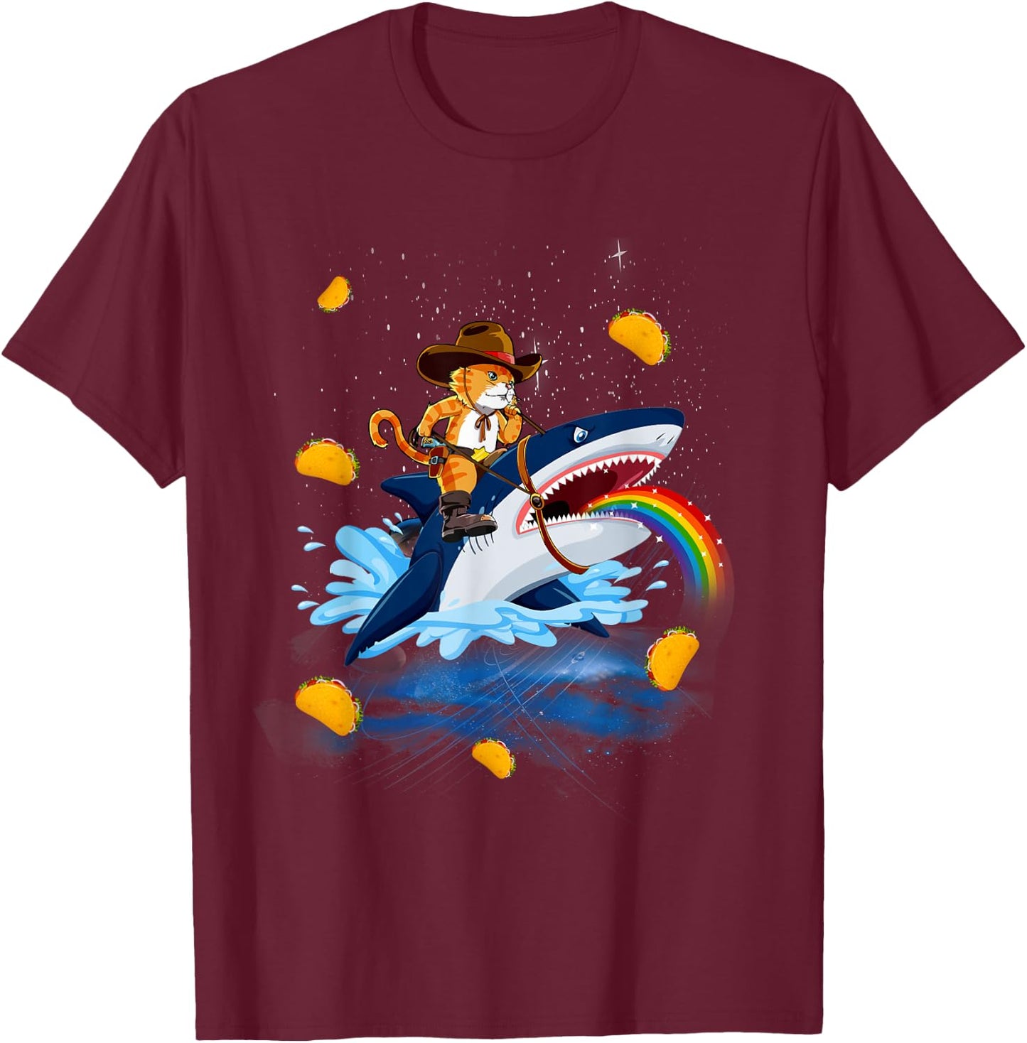 Western Cowboy Cat Riding A Shark In Taco Space Rainbow T-Shirt - T-Shirt | Maroon