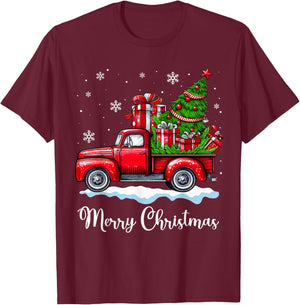 Vintage Merry Christmas Red Truck Funny Xmas Tree Boys Men T-Shirt - T-Shirt | Maroon