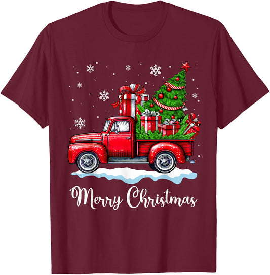 Vintage Merry Christmas Red Truck Funny Xmas Tree Boys Men T-Shirt - T-Shirt | Maroon