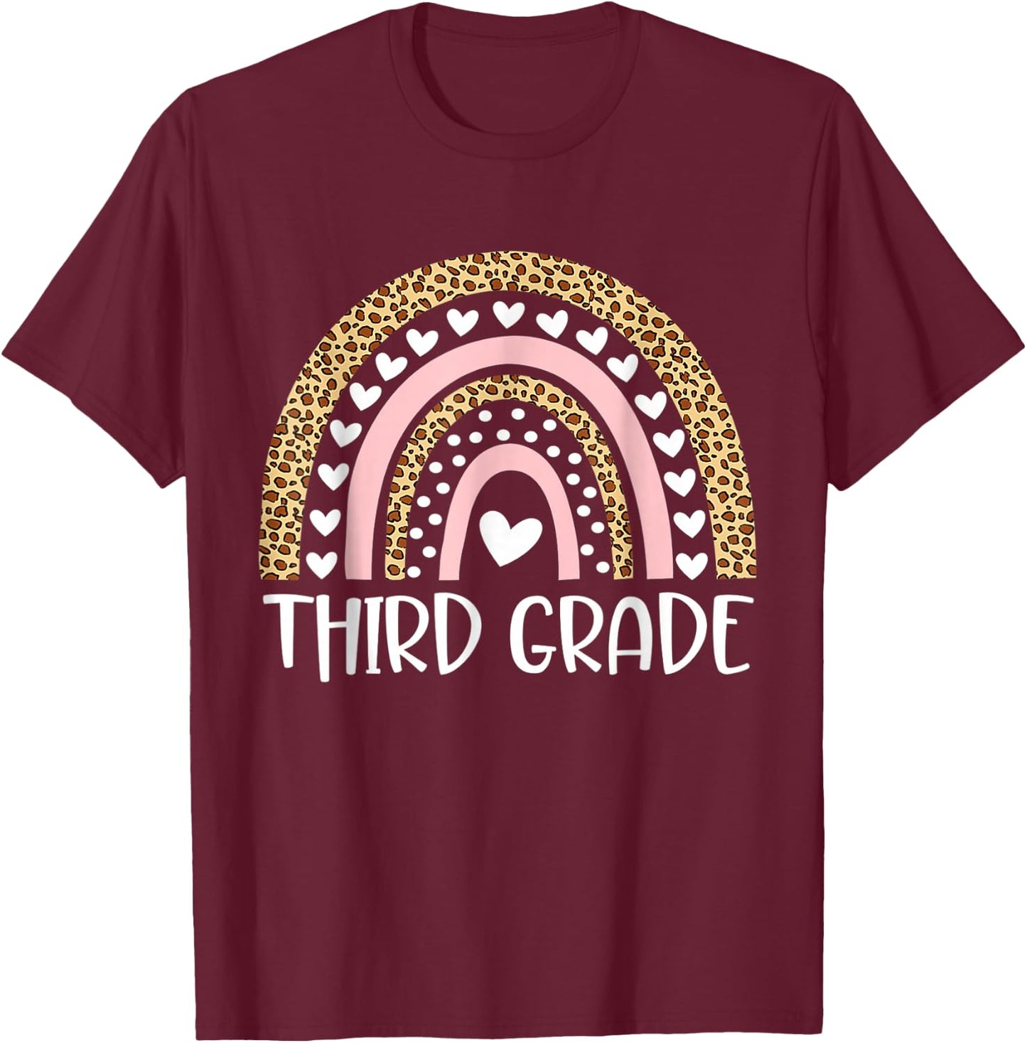 Third Grade Leopard Rainbow Back To School Teacher T-Shirt - T-Shirt | Maroon