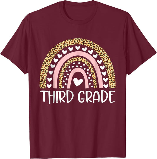 Third Grade Leopard Rainbow Back To School Teacher T-Shirt - T-Shirt | Maroon