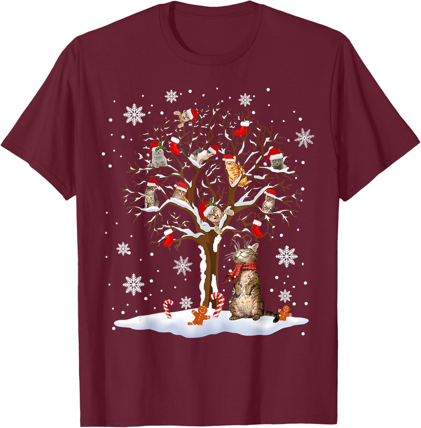 Cats In Snow Tree Winter Christmas Santa Hat X-mas T-Shirt - T-Shirt | Maroon