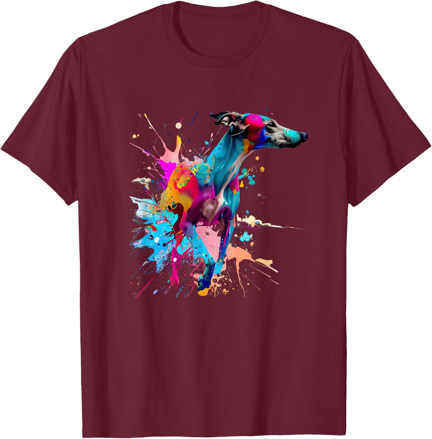 Art Whippet Splashes Of Paint, Abstract Colorful Dog Women Kids T-Shirt - T-Shirt | Maroon