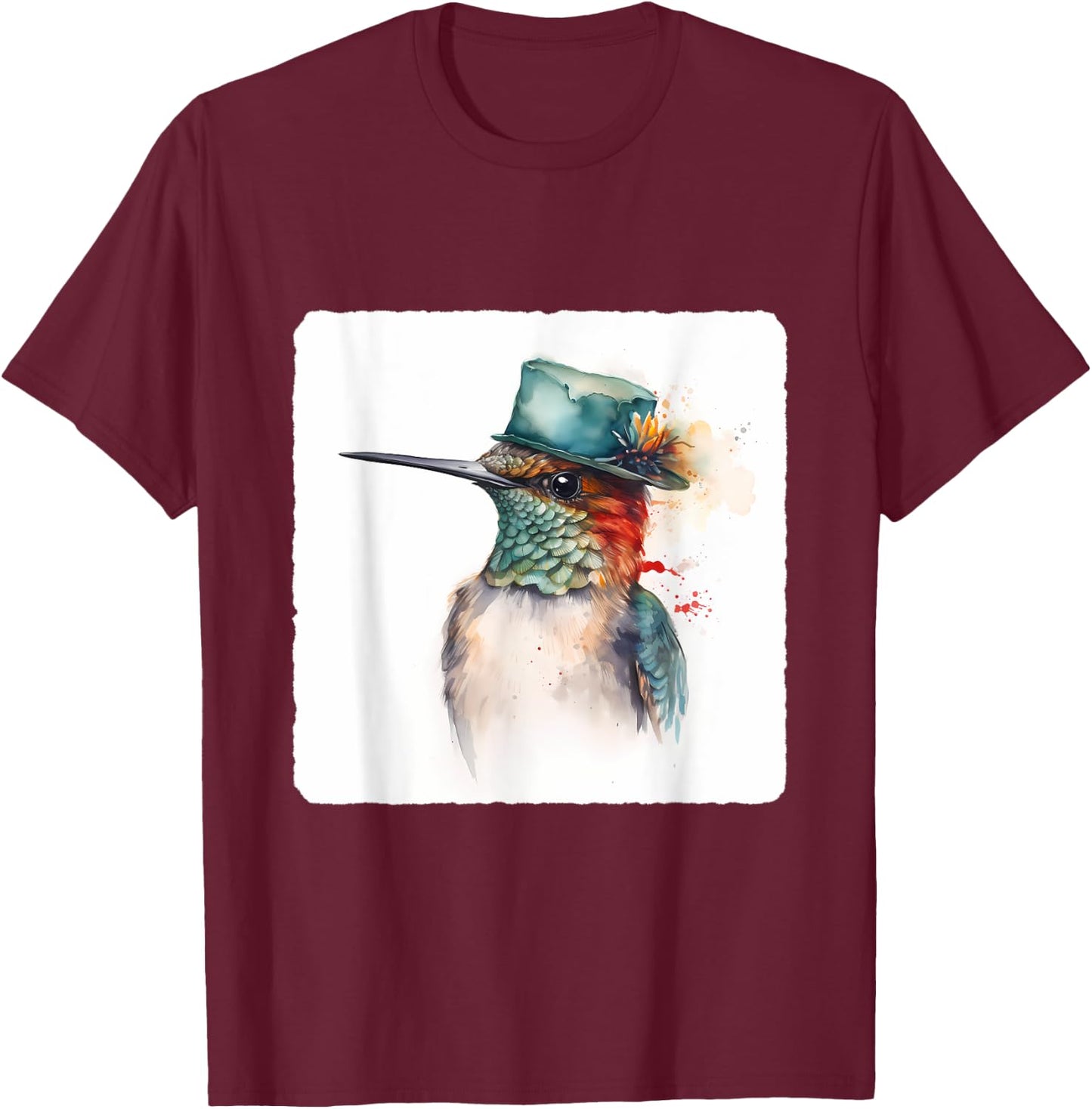 A Hummingbird Wearing A Hat. Hummingbird Donning A Hat, Bird T-Shirt - T-Shirt | Maroon