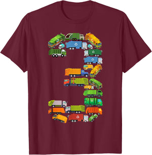 Garbage Truck 3rd Birthday Party Toddler 3 Year Old Boy Kids T-Shirt - T-Shirt | Maroon