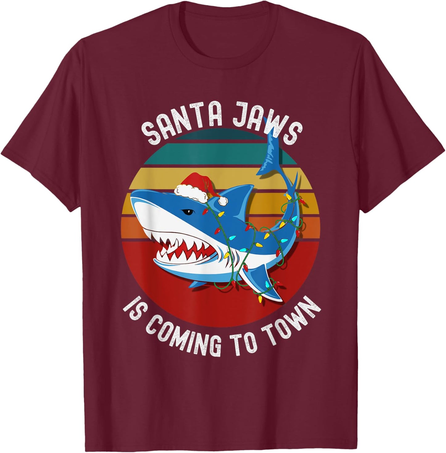 Santa Jaws Christmas Shark Lights Funny Men & Kids T-Shirt - T-Shirt | Maroon