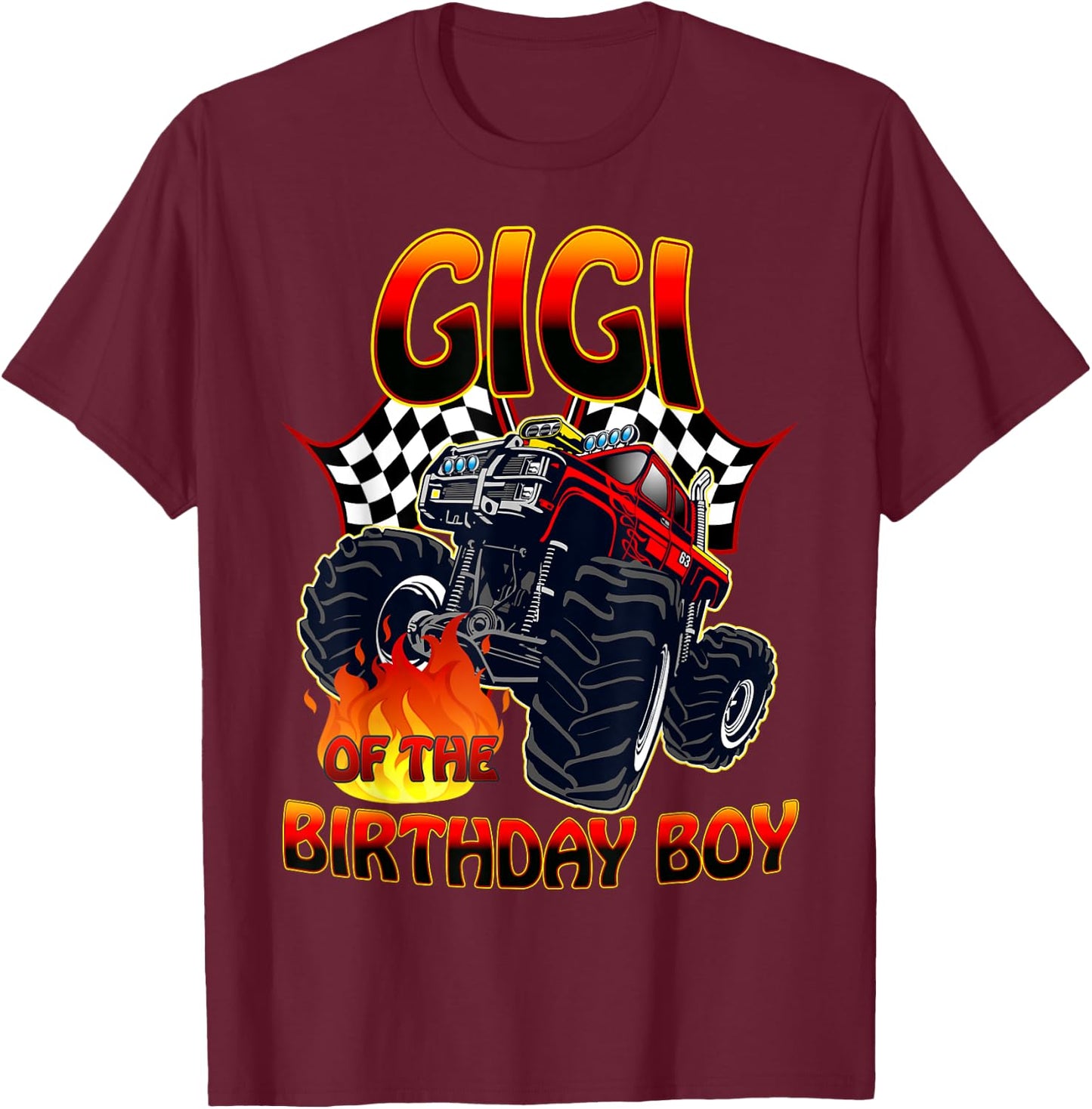 Gigi of The Birthday Boy Monster Truck Racing Cars Matching T-Shirt - T-Shirt | Maroon