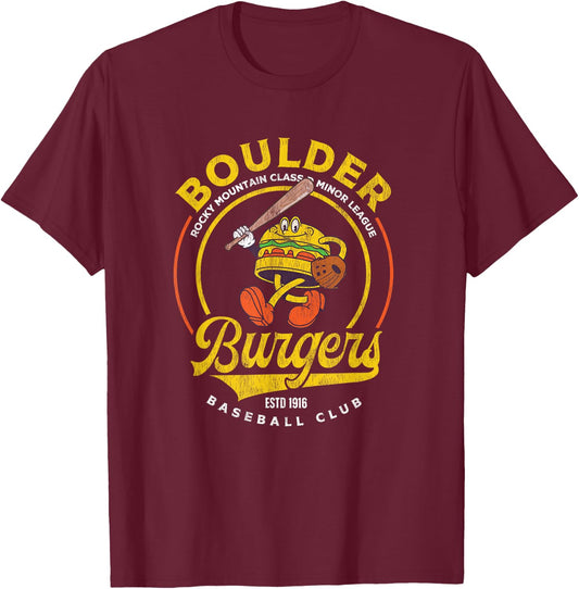 Boulder Burgers Retro Minor League Baseball Team T-Shirt - T-Shirt | Maroon