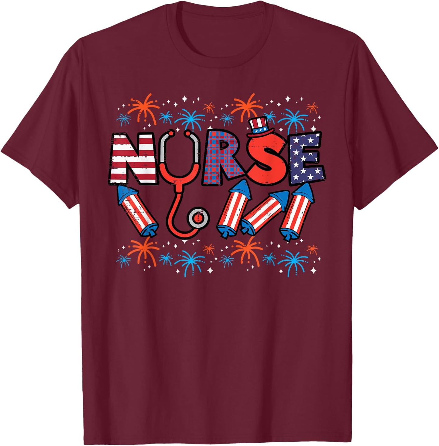 4th Of July Nurse Stethoscope Patriotic Scrub Top Women Men T-Shirt - T-Shirt | Maroon