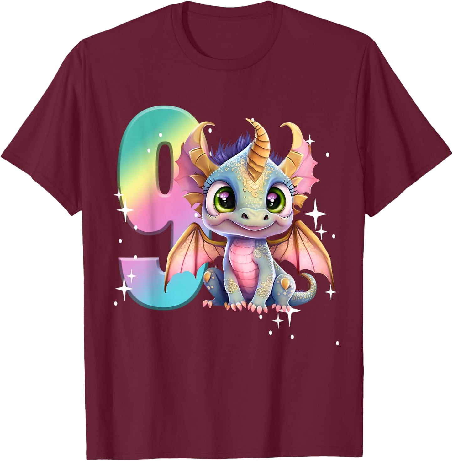 9th Birthday Shirt Dragon Party Rainbow Girl Dragon Nine 9 T-Shirt - T-Shirt | Maroon