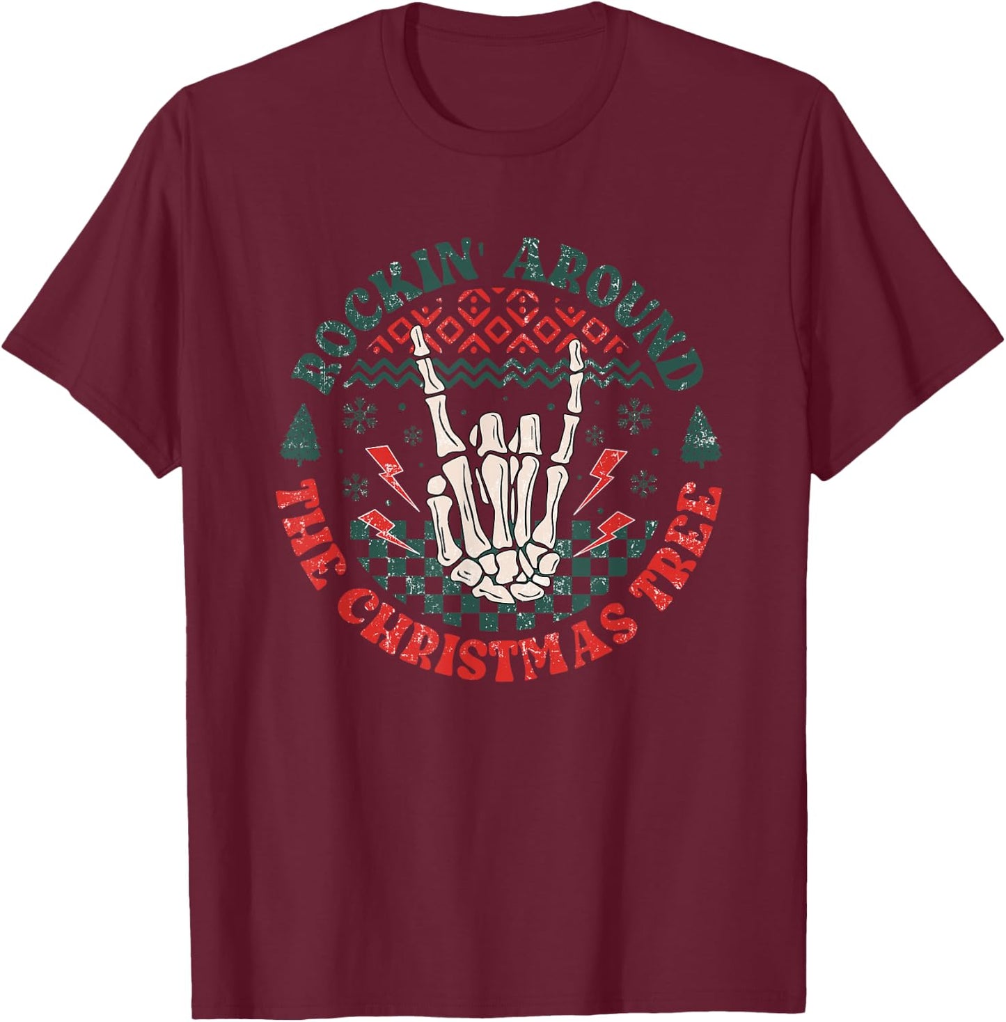 Rocking Around The Christmas Tree - Vintage Rock Music Lover T-Shirt - T-Shirt | Maroon