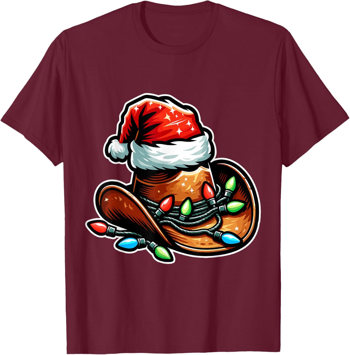 Cowboy Santa Hat Xmas Reindeer Rodeo Christmas In Texas T-Shirt - T-Shirt | Maroon