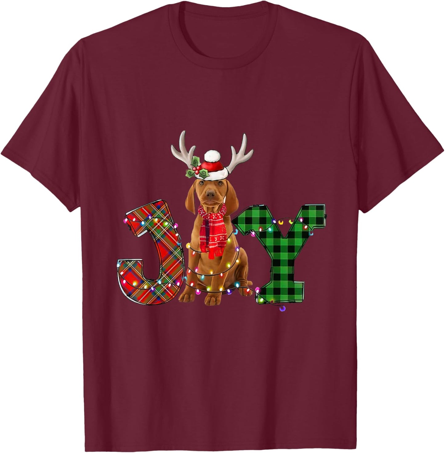 Joy Christmas Lights Vizsla Dog Santa Hat Pajama Men Women Kids T-Shirt - T-Shirt | Maroon