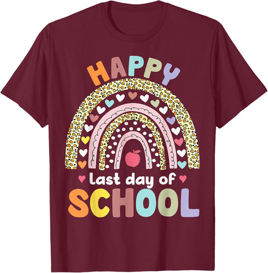 Happy Last Day of School Rainbow Leopard Teacher Student T-Shirt - T-Shirt | Maroon