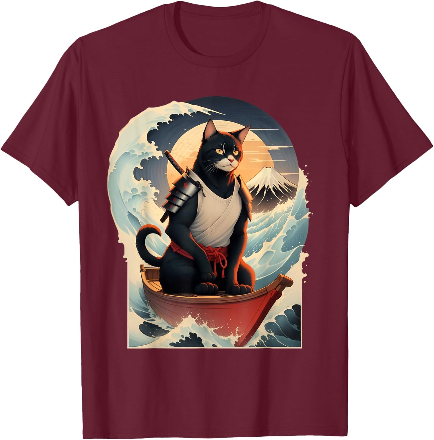 Japanese Samurai Cat Men Women Girls Kids T-Shirt - T-Shirt | Maroon