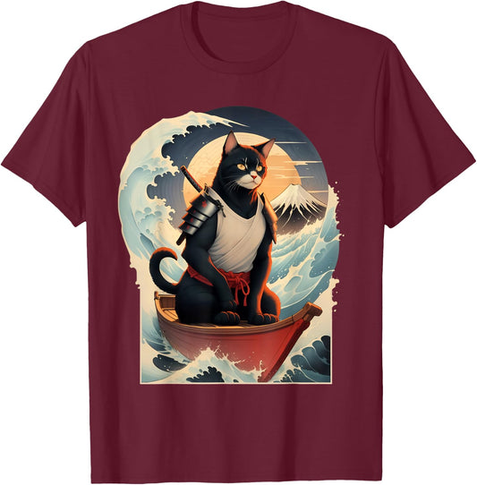 Japanese Samurai Cat Men Women Girls Kids T-Shirt - T-Shirt | Maroon