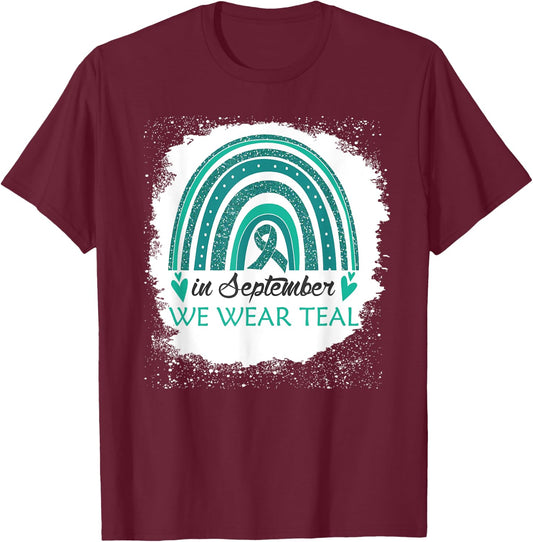 In September We Wear Teal Bleached Rainbow PCOS Fighter T-Shirt - T-Shirt | Maroon
