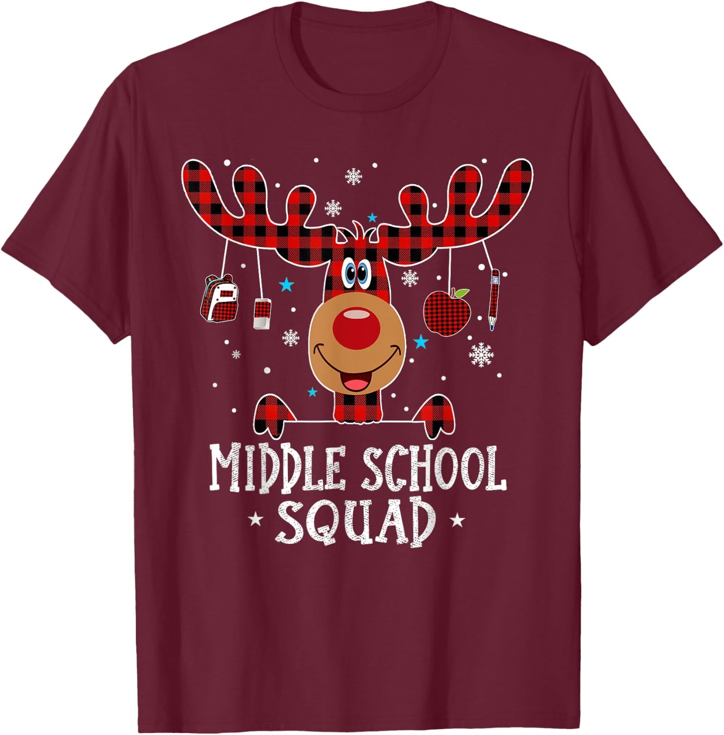 Middle School Squad Plaid Reindeer Santa Teacher Christmas Women Kids T-Shirt - T-Shirt | Maroon