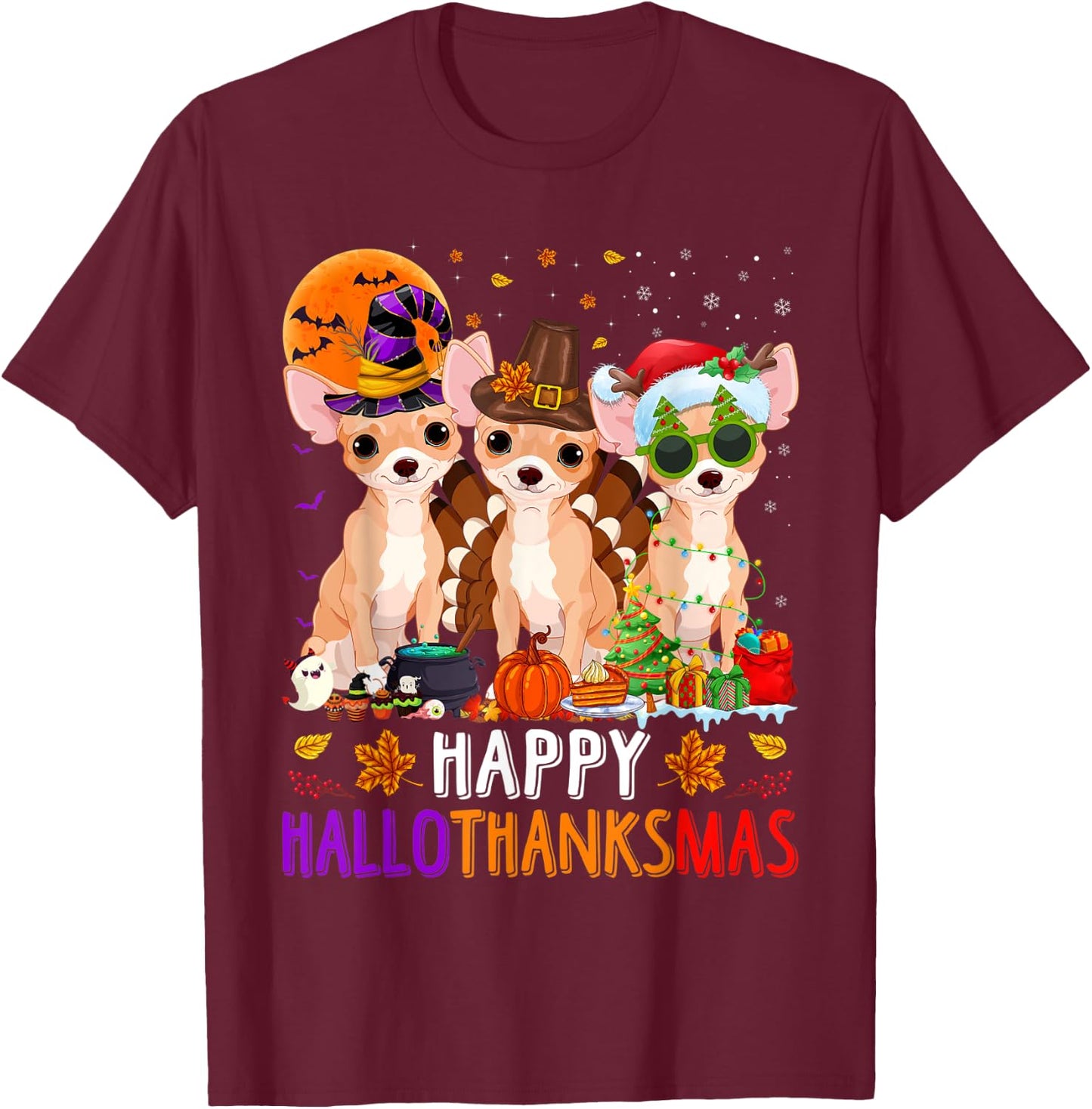Happy Hallothanksmas Chihuahua Dog Halloween Christmas T-Shirt - T-Shirt | Maroon