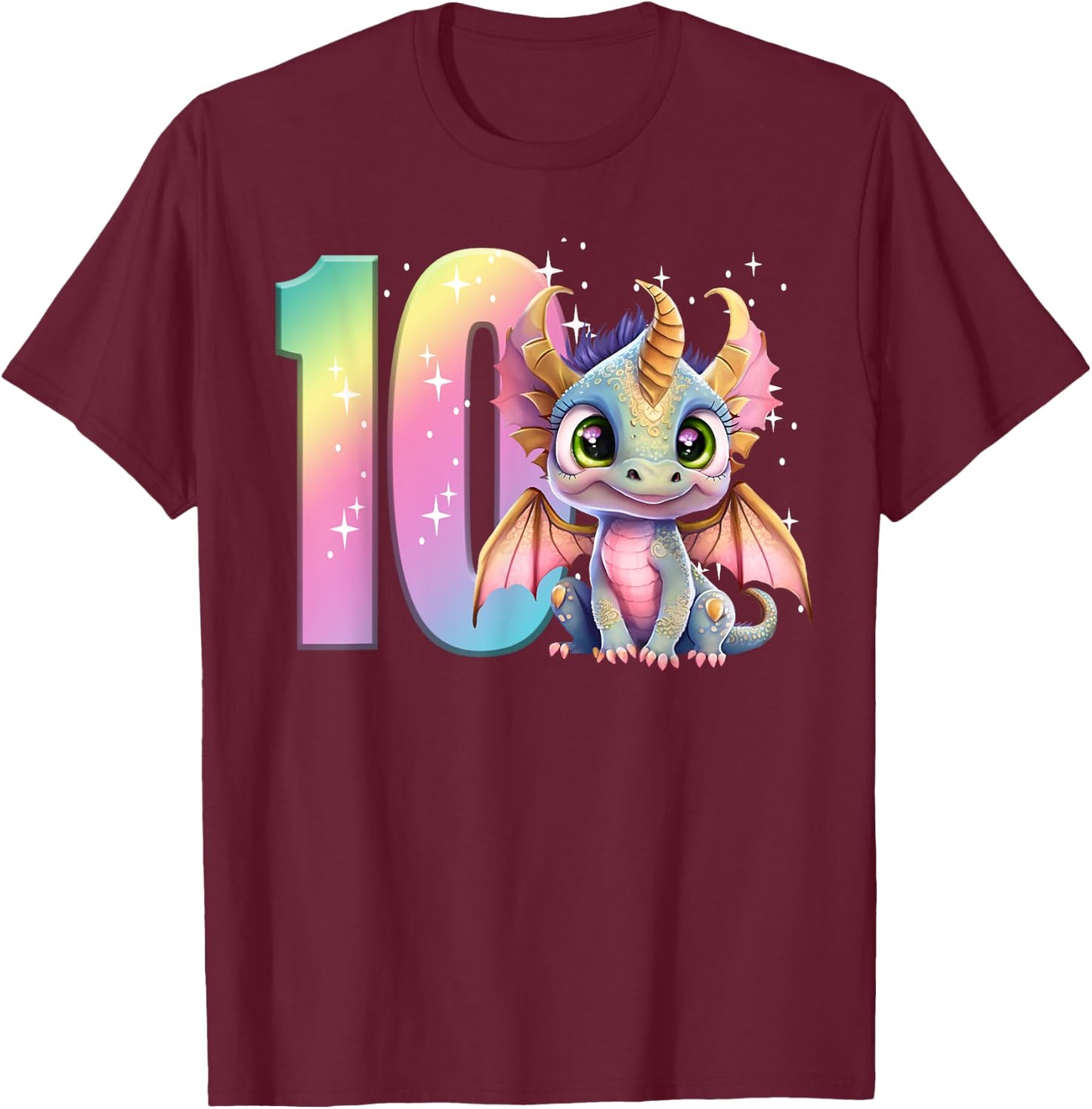 10th Birthday Shirt Dragon Party Rainbow Girl Double Digits T-Shirt - T-Shirt | Maroon