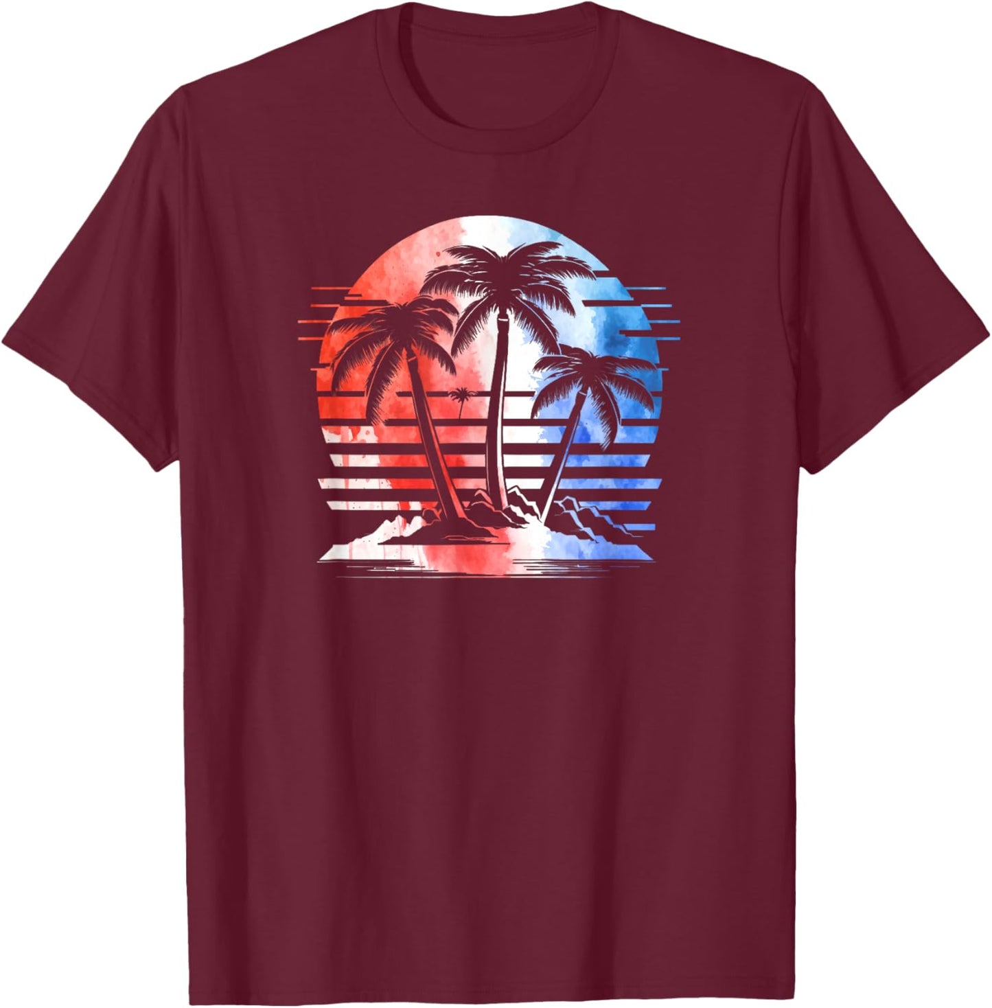 Red White Blue Retro Beach Palm Trees 4th of July Patriotic T-Shirt - T-Shirt | Maroon