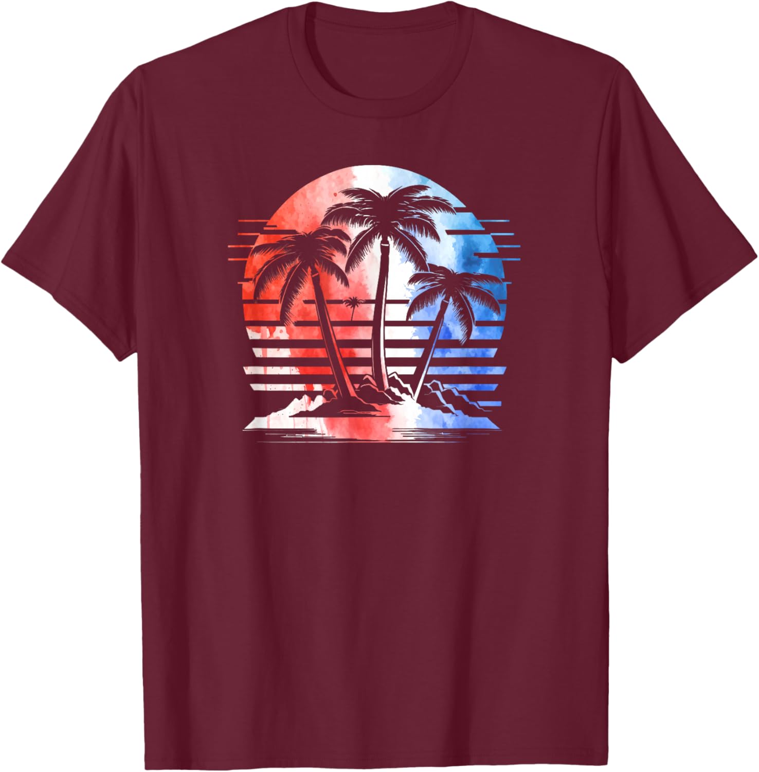Red White Blue Retro Beach Palm Trees 4th of July Patriotic T-Shirt - T-Shirt | Maroon