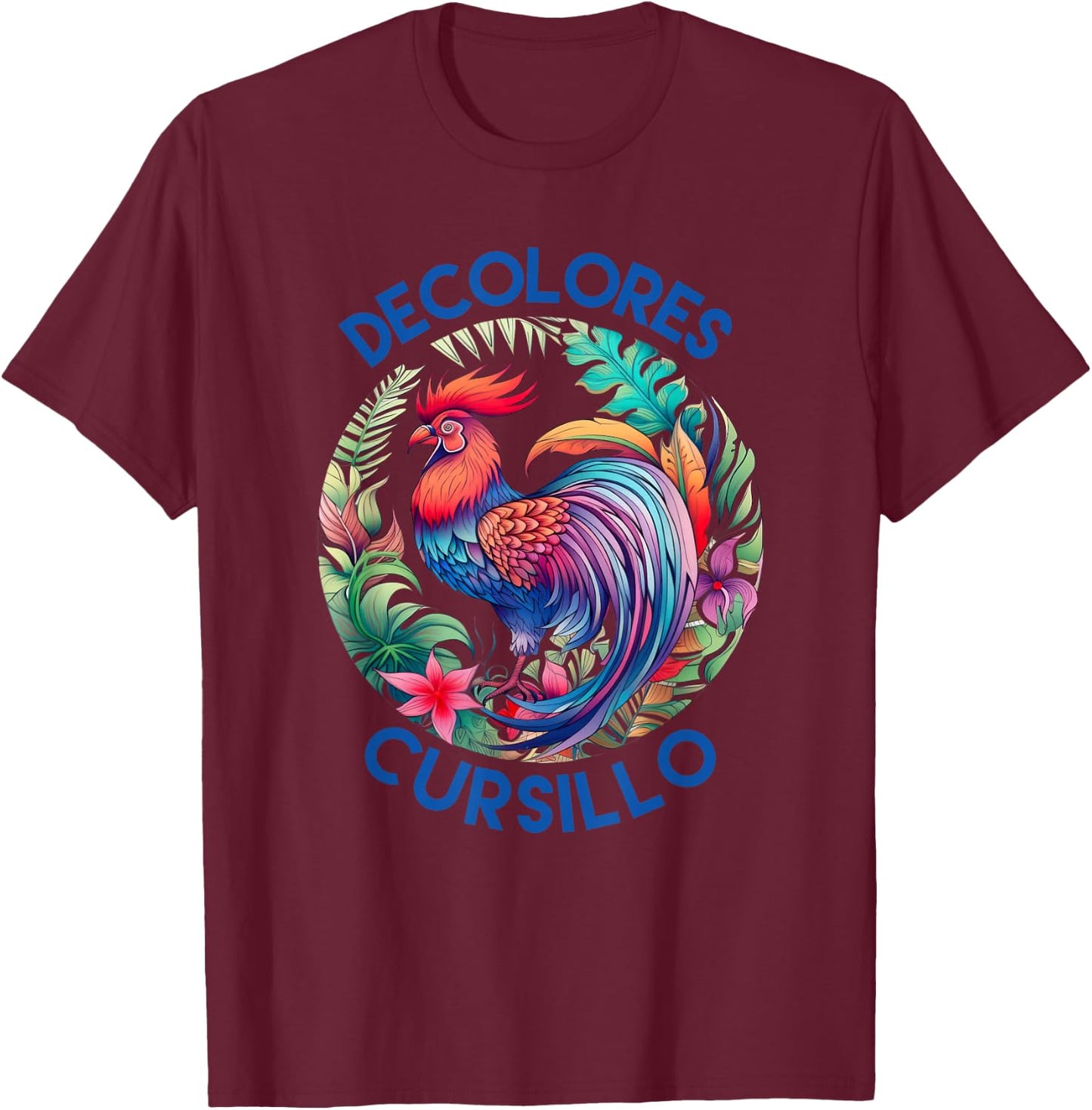 DeColores Cursillo Colorful Rooster Circle With Flowers T-Shirt - T-Shirt | Maroon