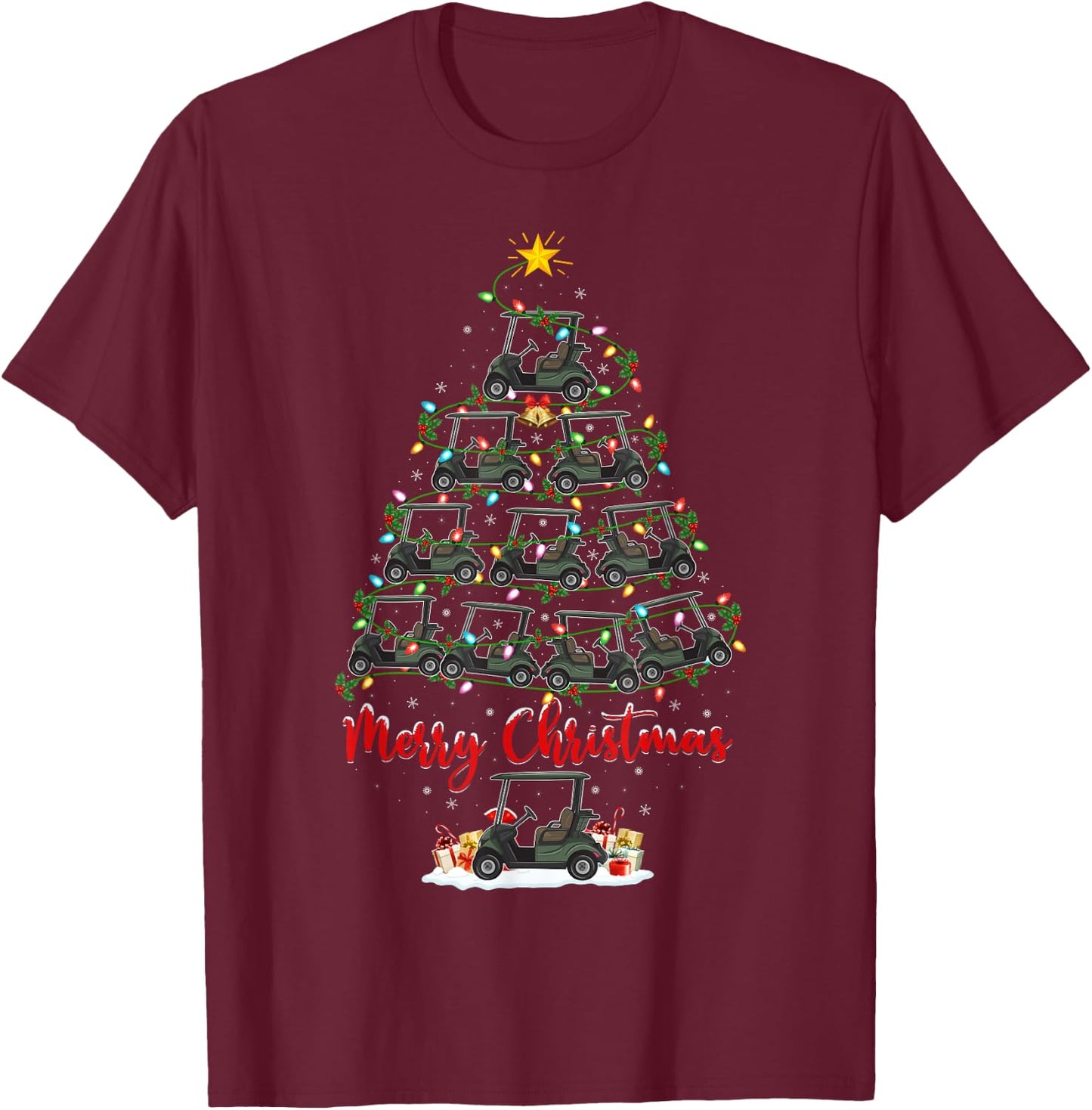 Golf Cart Lover Xmas Lighting Santa Golf Cart Christmas Tree T-Shirt - T-Shirt | Maroon