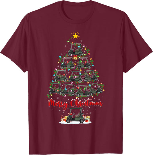 Golf Cart Lover Xmas Lighting Santa Golf Cart Christmas Tree T-Shirt - T-Shirt | Maroon