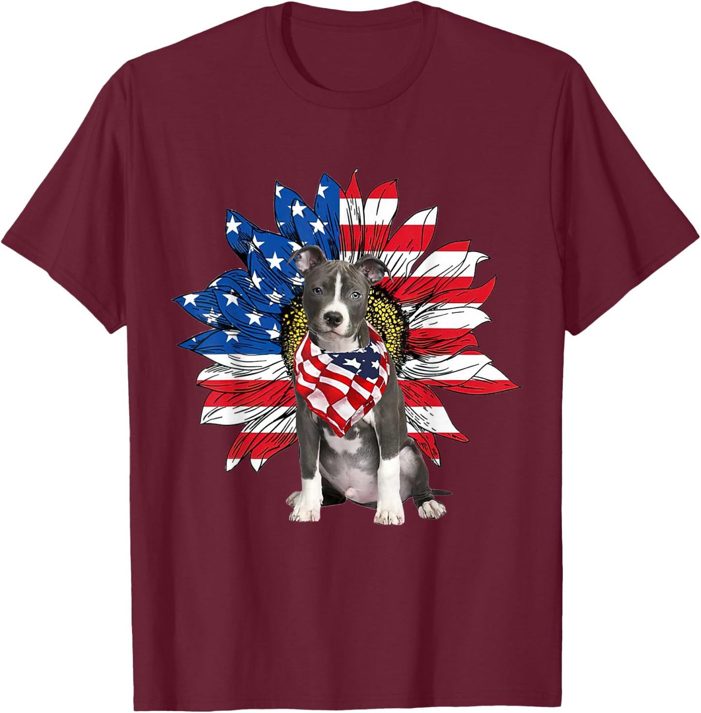Blue Nose Pitbull American Flag Sunflower Dog Lovers 4th Of T-Shirt - T-Shirt | Maroon