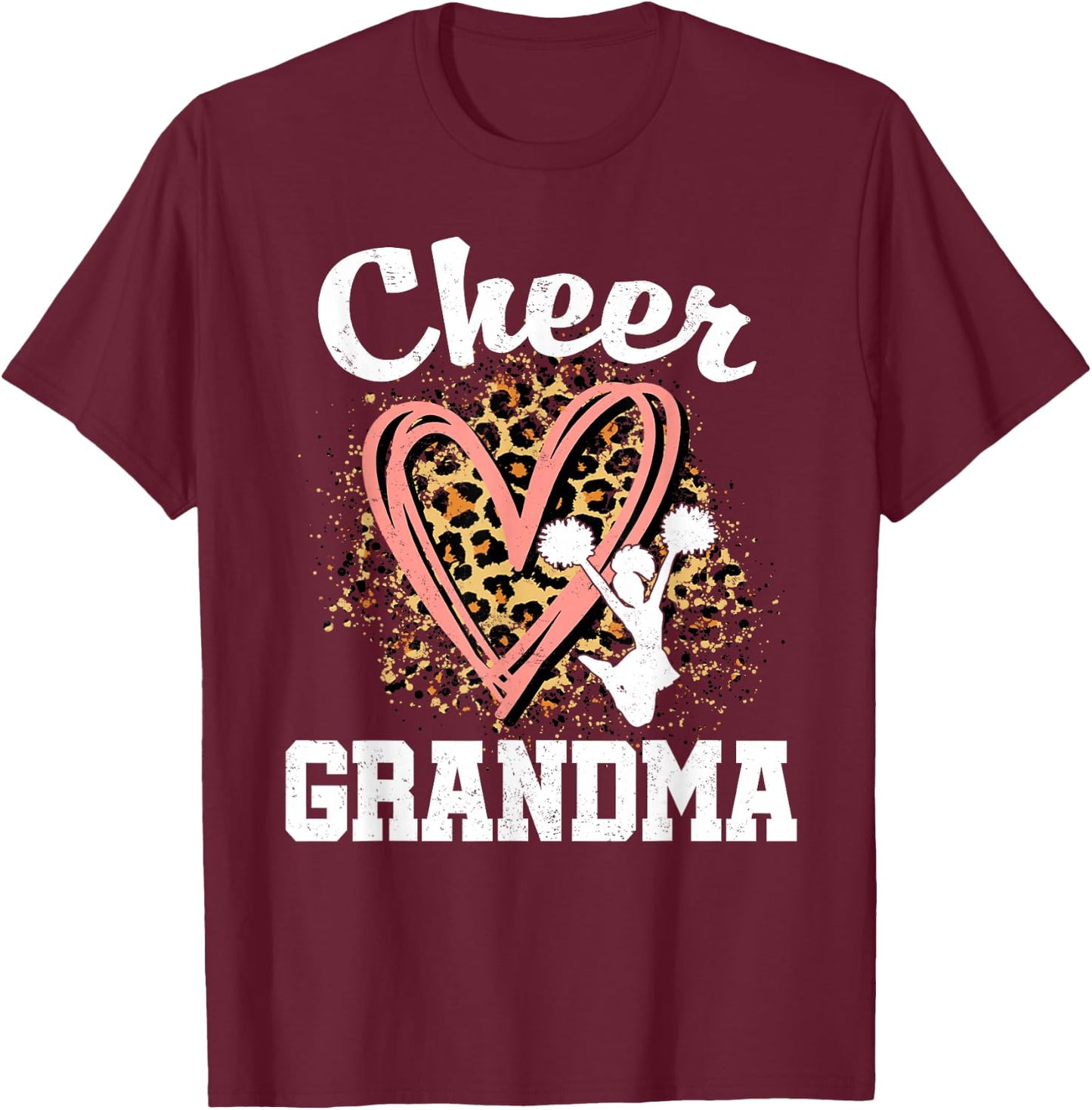 Cheer Grandma Leopard Heart Cheerleader T-Shirt - T-Shirt | Maroon