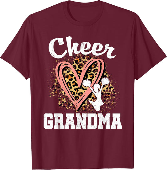 Cheer Grandma Leopard Heart Cheerleader T-Shirt - T-Shirt | Maroon
