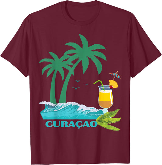 Curacao Palms Cocktail Caribbean Beach Island Souvenir Gift T-Shirt - T-Shirt | Maroon