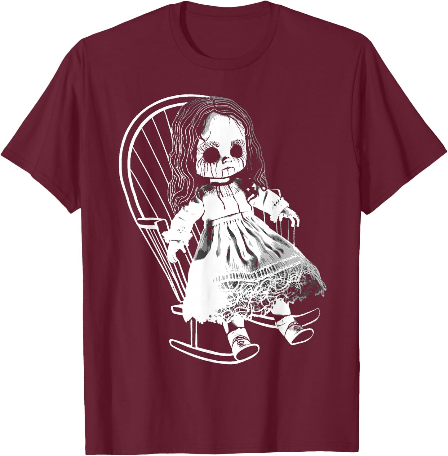 Creepy Nightmare Haunted Horror Doll Sits In Rocking Chair T-Shirt - T-Shirt | Maroon