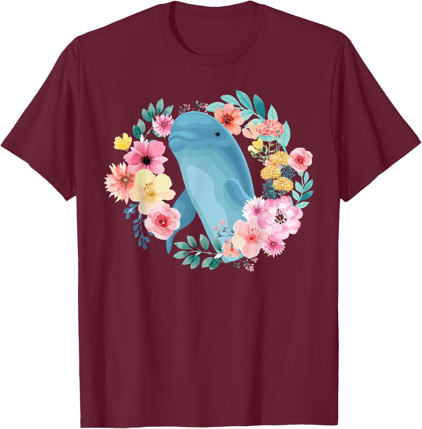 Dolphin Flower Floral T-Shirt - T-Shirt | Maroon